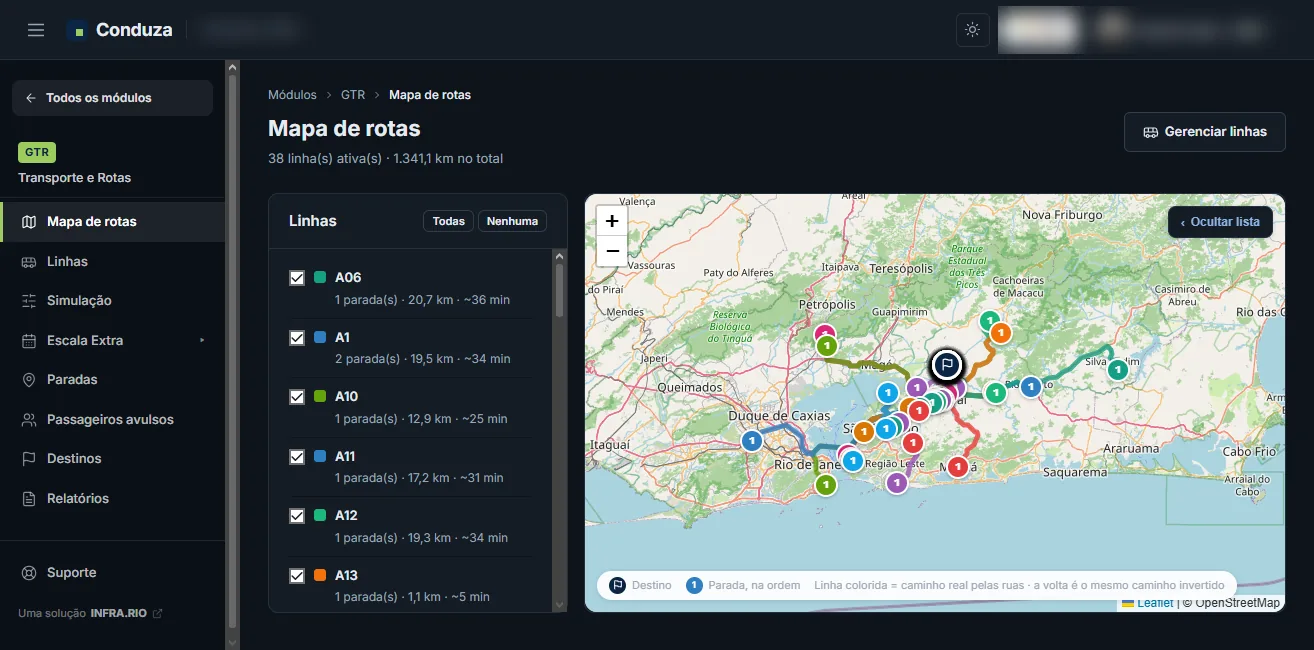 Mapa de rotas com as linhas da empresa, cada uma com sua cor, paradas numeradas e o destino